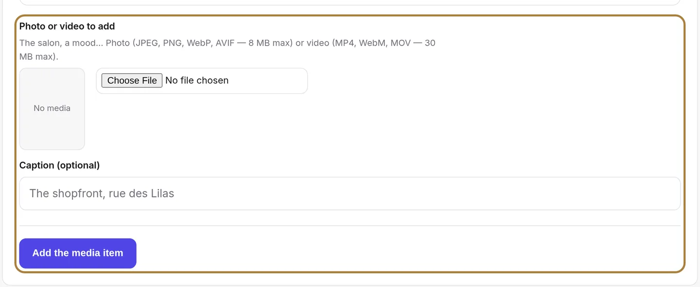 Adding a media item.