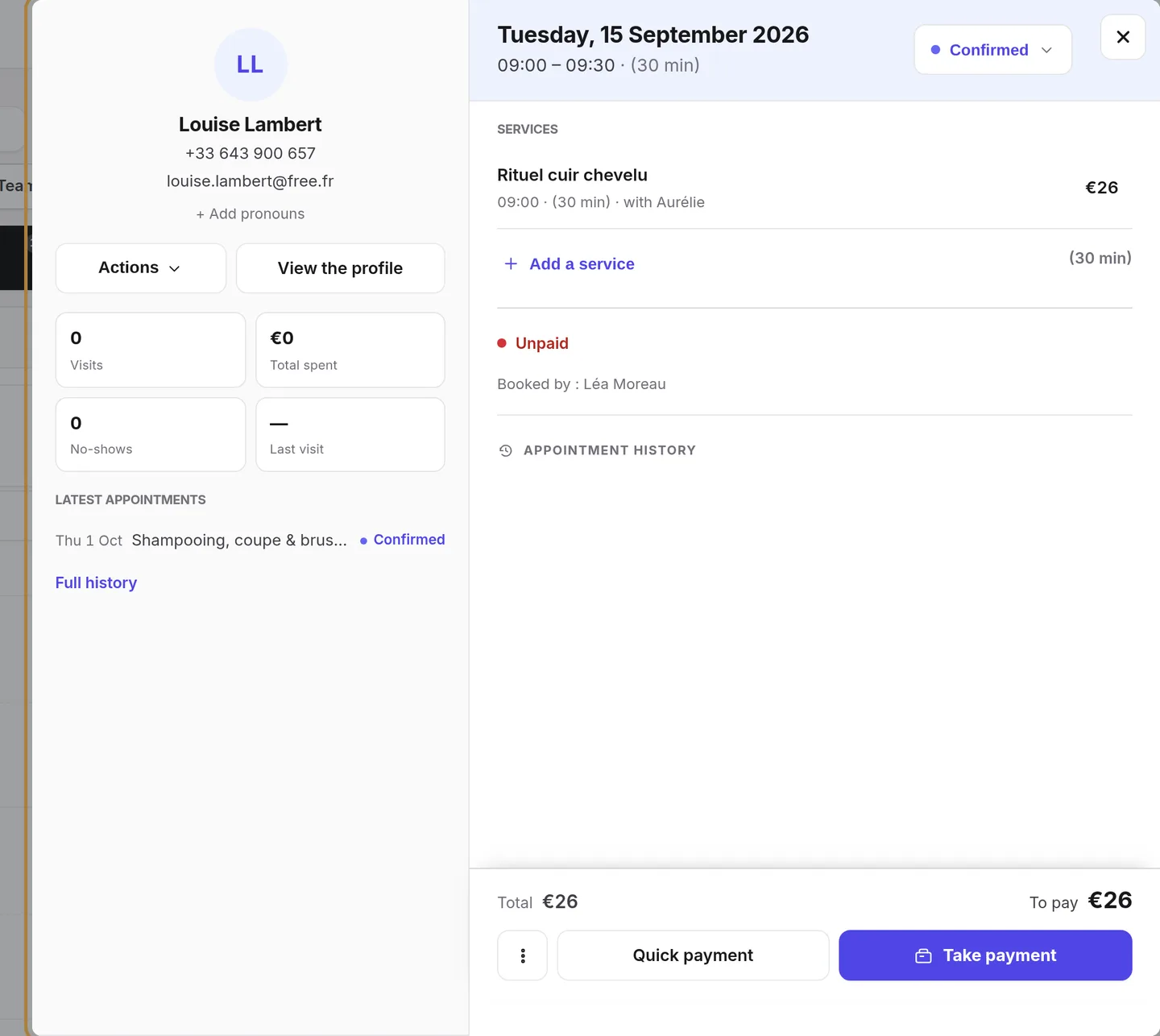 The appointment record: status, services, client, payment, history.
