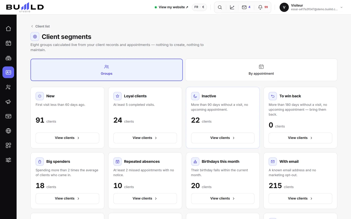 Client groups, recalculated every time you open the screen.