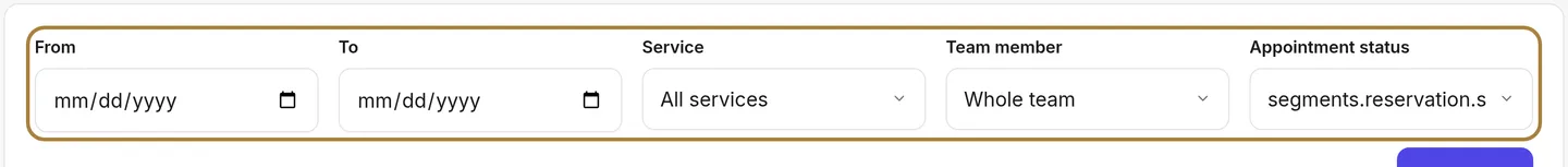 Search by booking: period, service, team member, status.