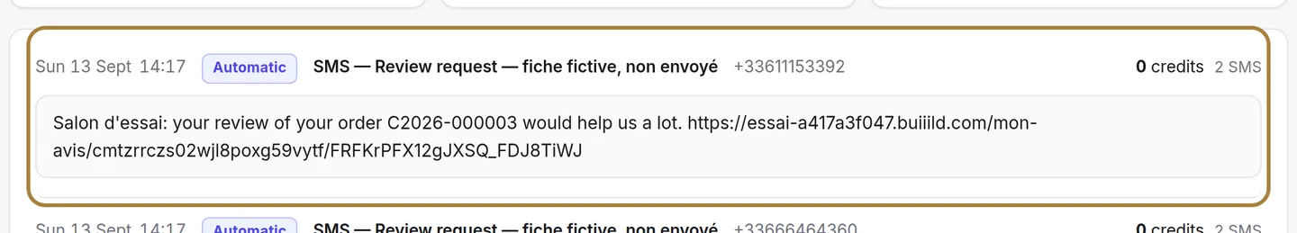 Each send in detail, with the exact text received.