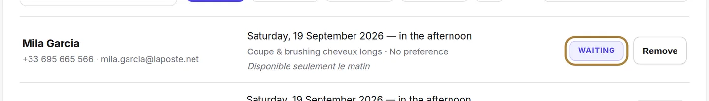 The status of each request: waiting, notified, has booked.