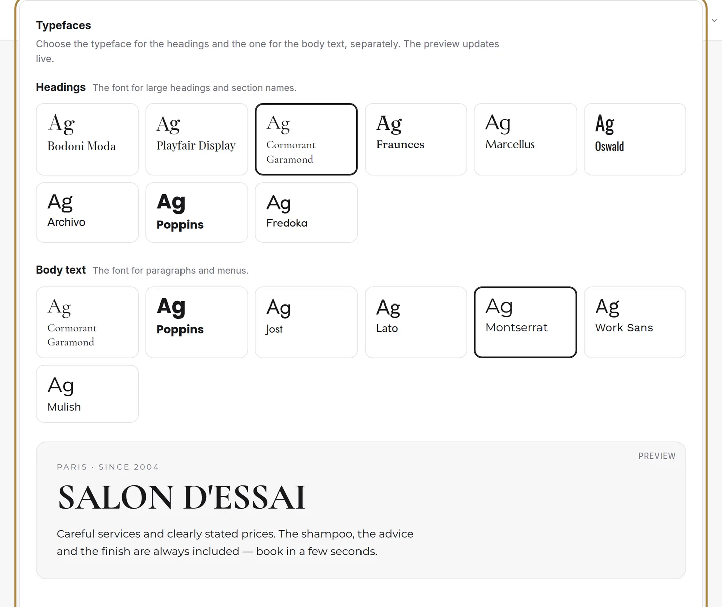 The fonts, with a preview.