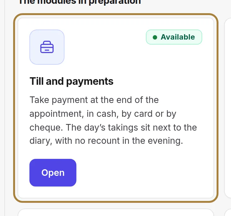 "One card, one module: what it does, and its status."