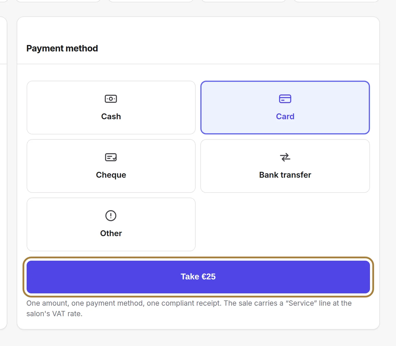 The amount is entered, the method chosen: all that's left is to take payment.