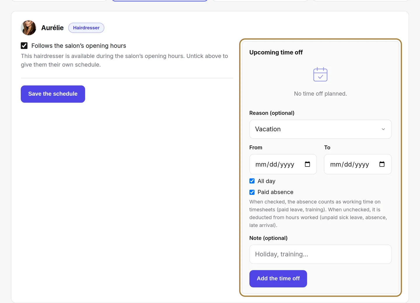 Upcoming time off, and the form to request some.