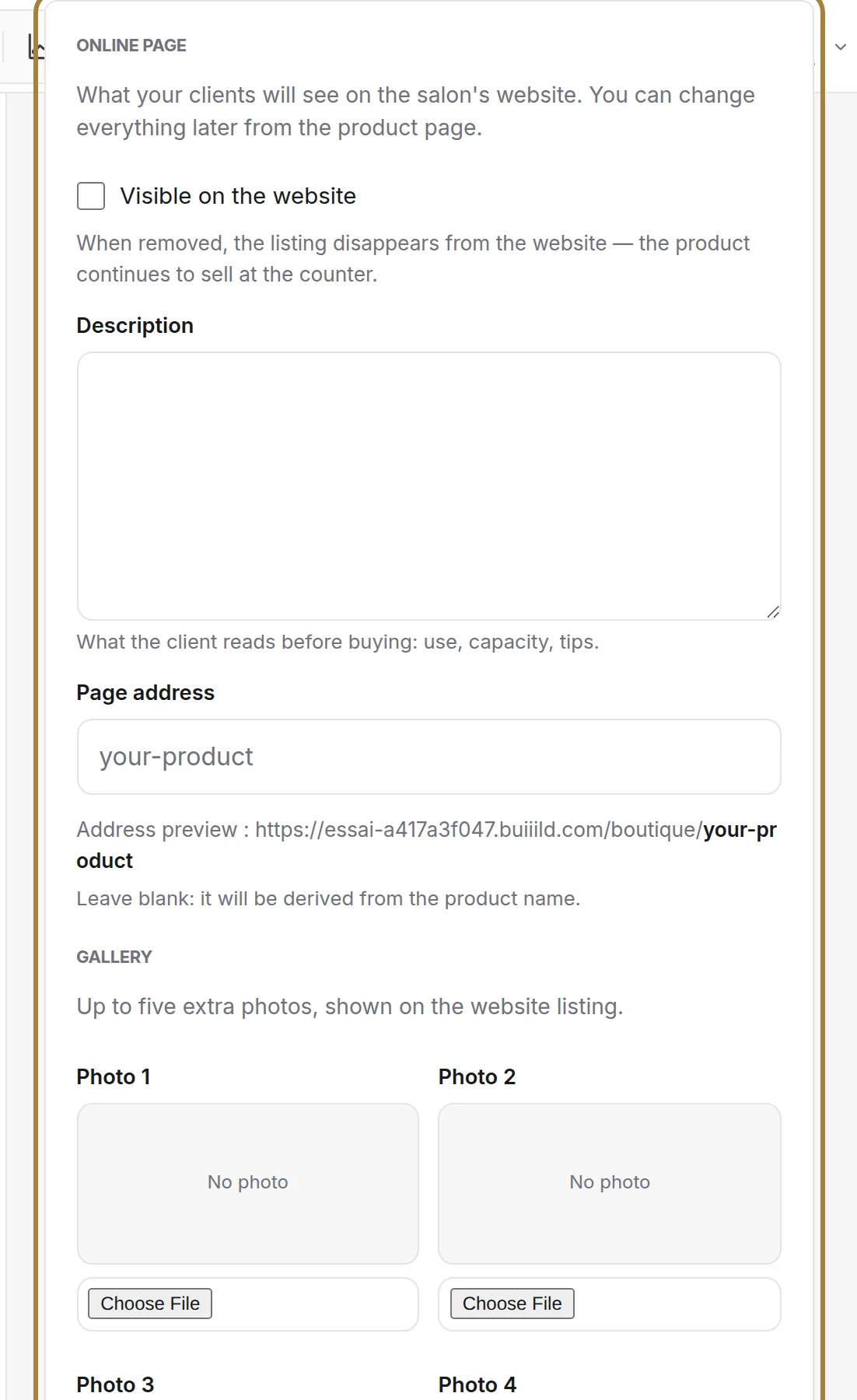 The site page: visibility, description, address, photos.