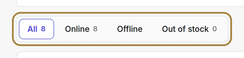 Online, offline, out of stock: each view carries its counter.