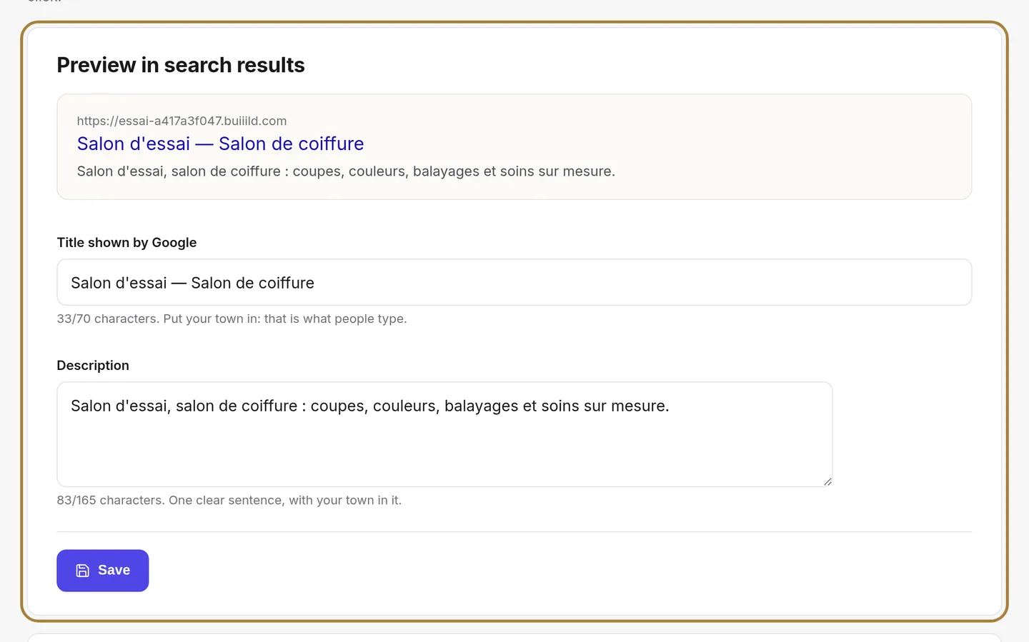 "Title and description: your showcase on Google."