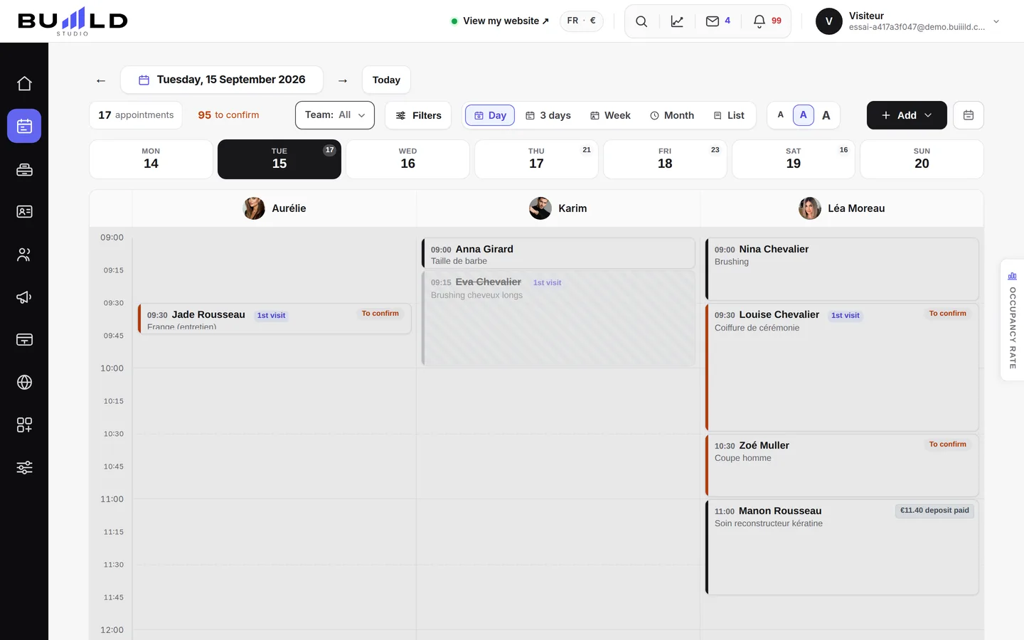 A card: the time, the client, the service, and the status colour on the left.