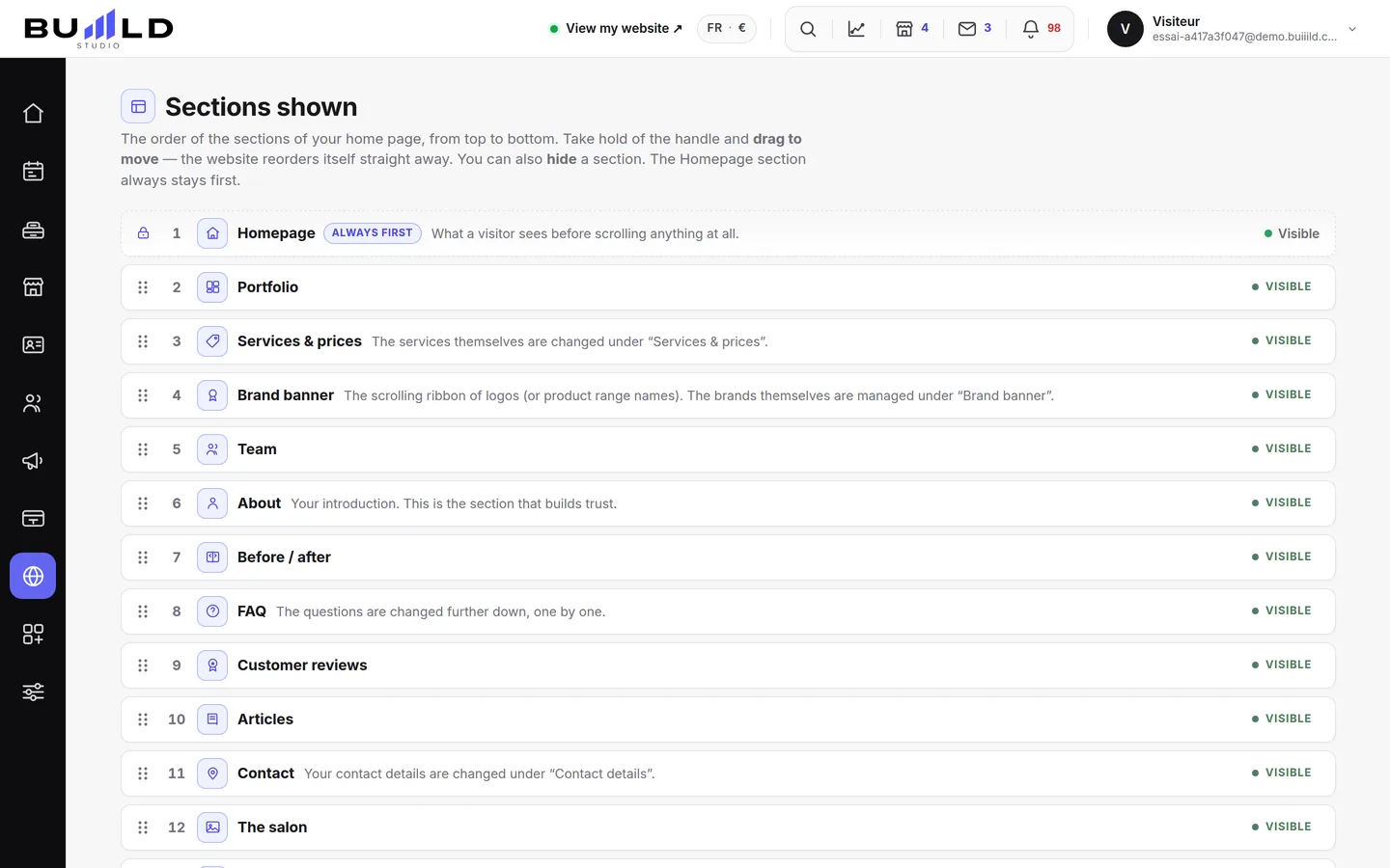 Your site's sections, in the actual order of the homepage.