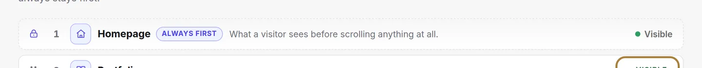 "Visible or hidden: the badge says whether the section shows on the site."