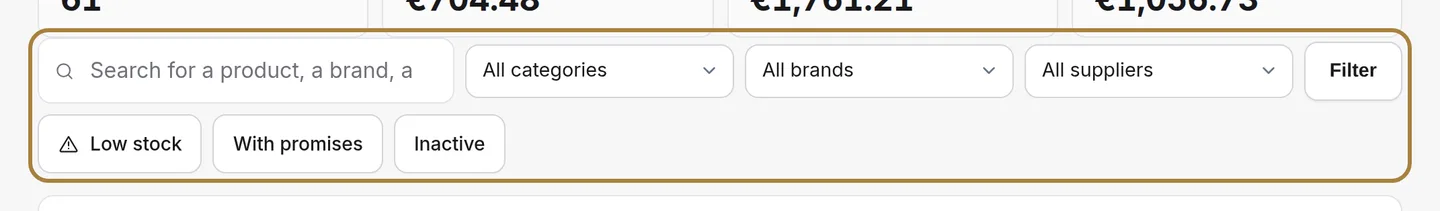 Finding a product: name, reference, category, brand, supplier.