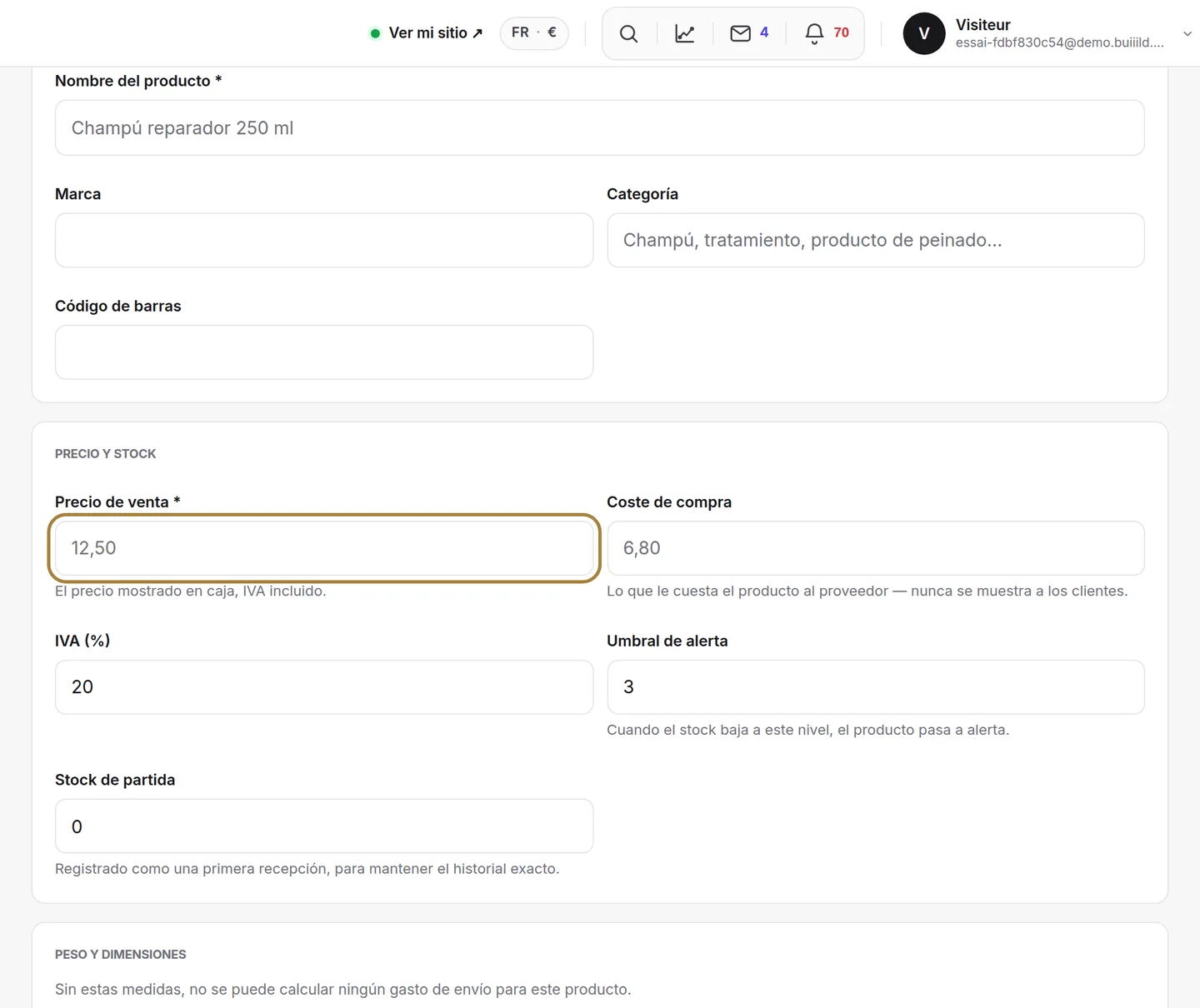El precio de venta, y justo debajo el precio de compra.