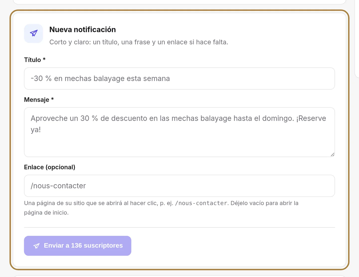Escribir una notificación: un título, una frase, un enlace.