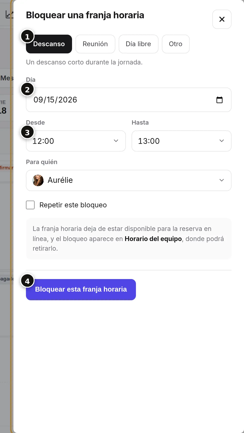 El motivo (1), el día (2), las horas y el peluquero (3), el botón (4).