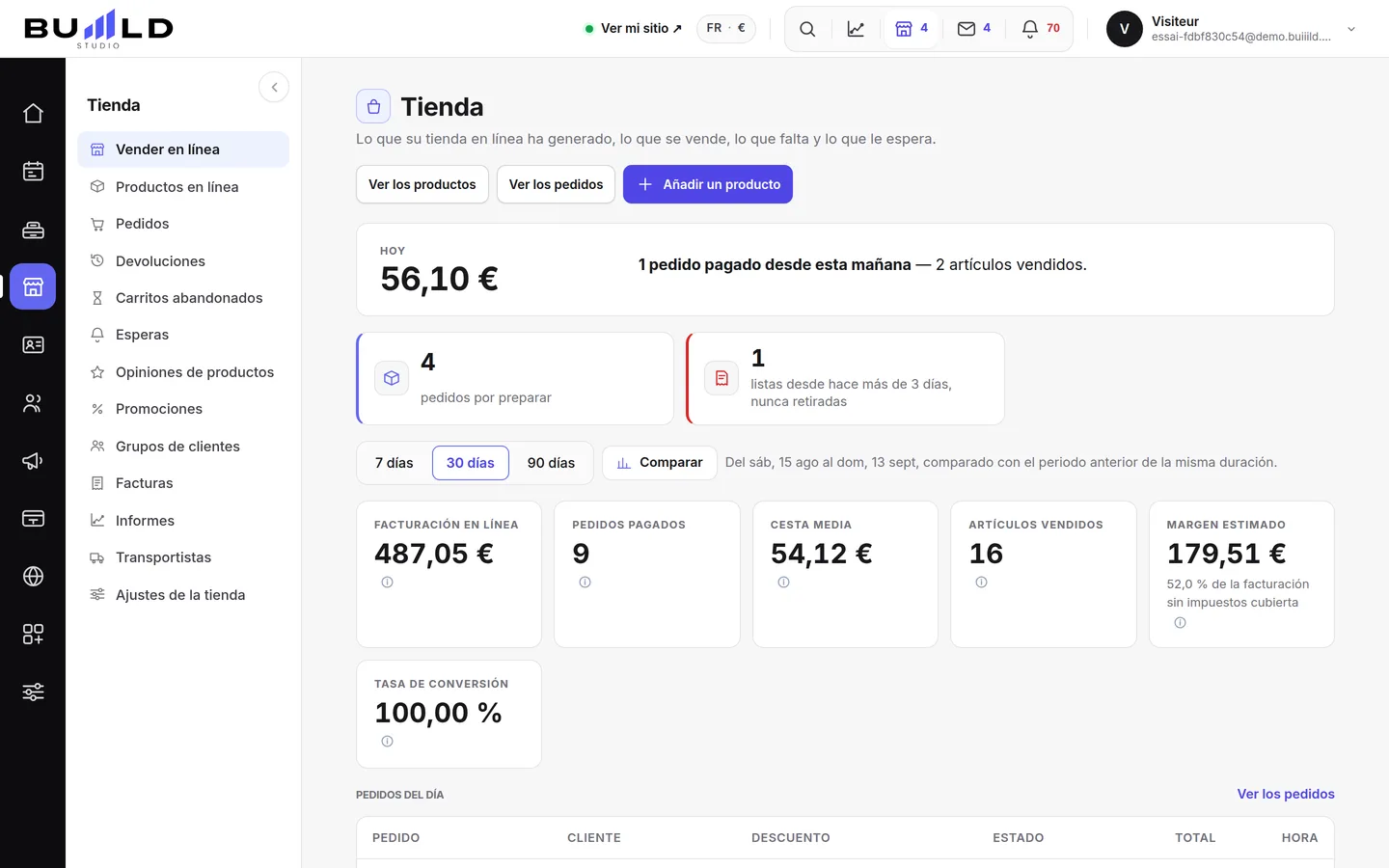 El panel de control de la tienda.