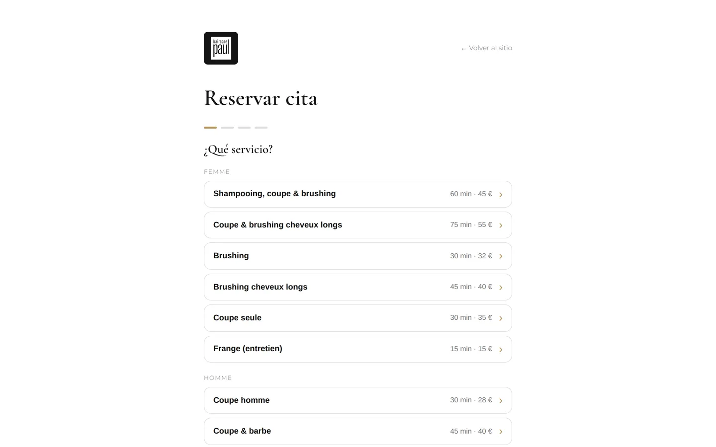 La página de reserva de su sitio, tal como la ve un cliente.