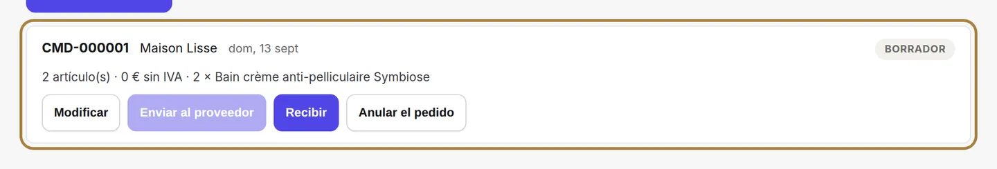 En qué punto está cada pedido: borrador, enviado, recibido, cancelado.