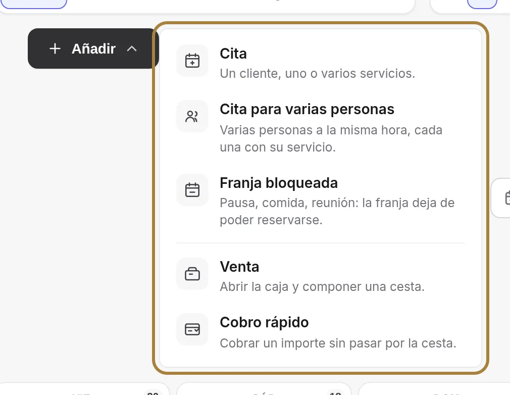 El botón Añadir: cita, cita de grupo, horario bloqueado, venta, cobro rápido.