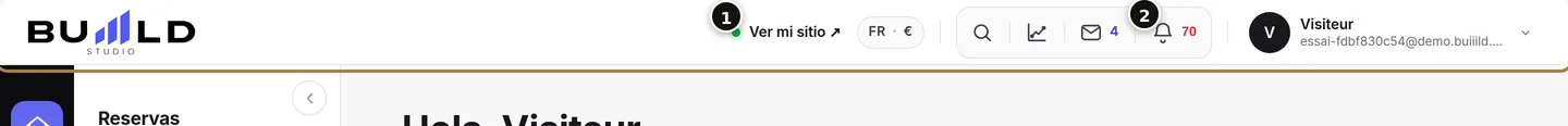 La barra superior: «Ver mi sitio» (1) y la campana (2).