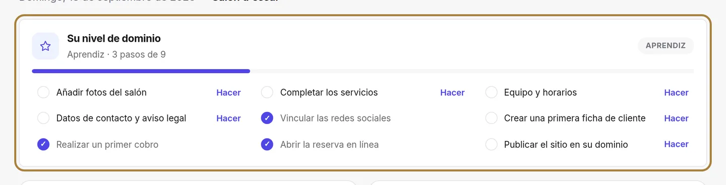 Su nivel de dominio: cada línea lleva a la pantalla correspondiente.