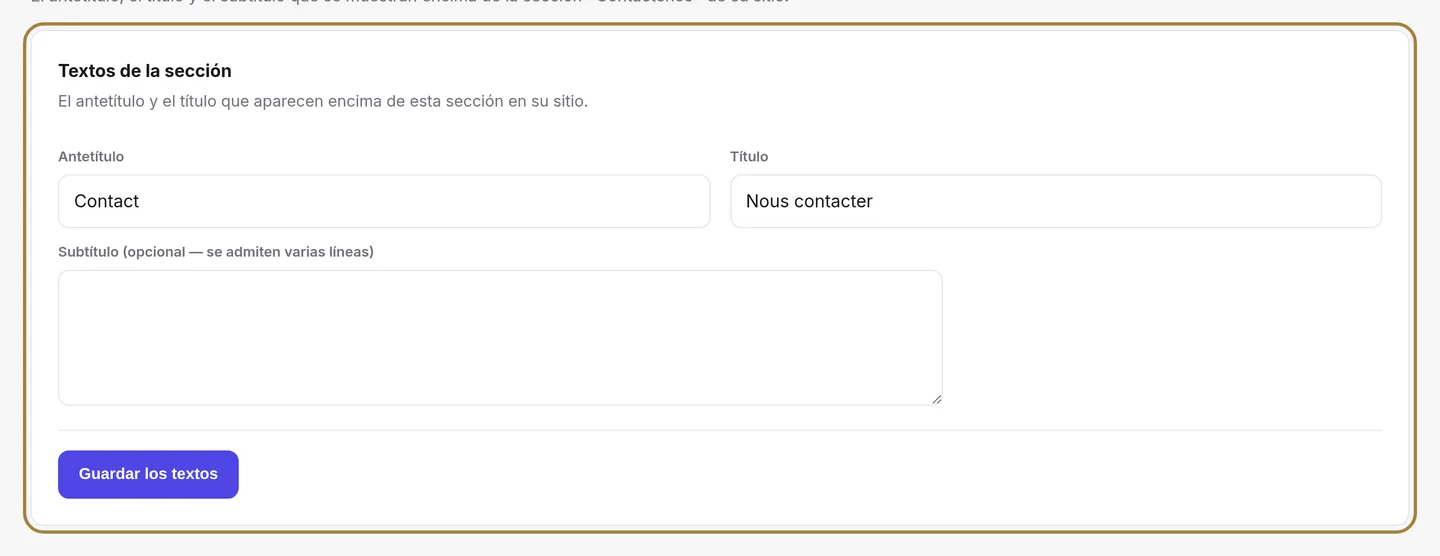 Los textos de la sección Contacto.