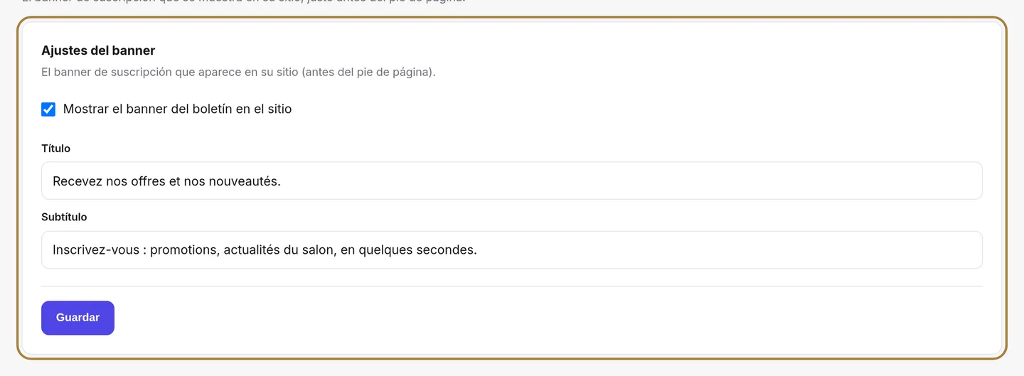 Los ajustes del banner de newsletter.