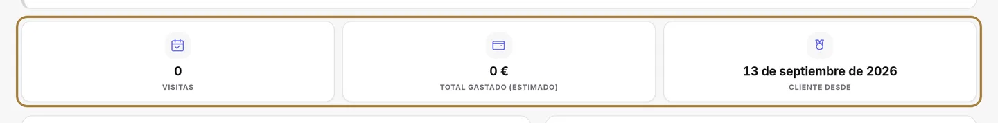 Los indicadores: visitas, total gastado, ticket medio, ritmo, ausencias.