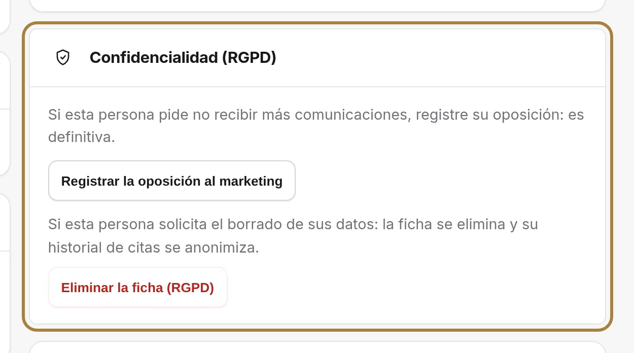 Privacidad: oposición al marketing y eliminación.