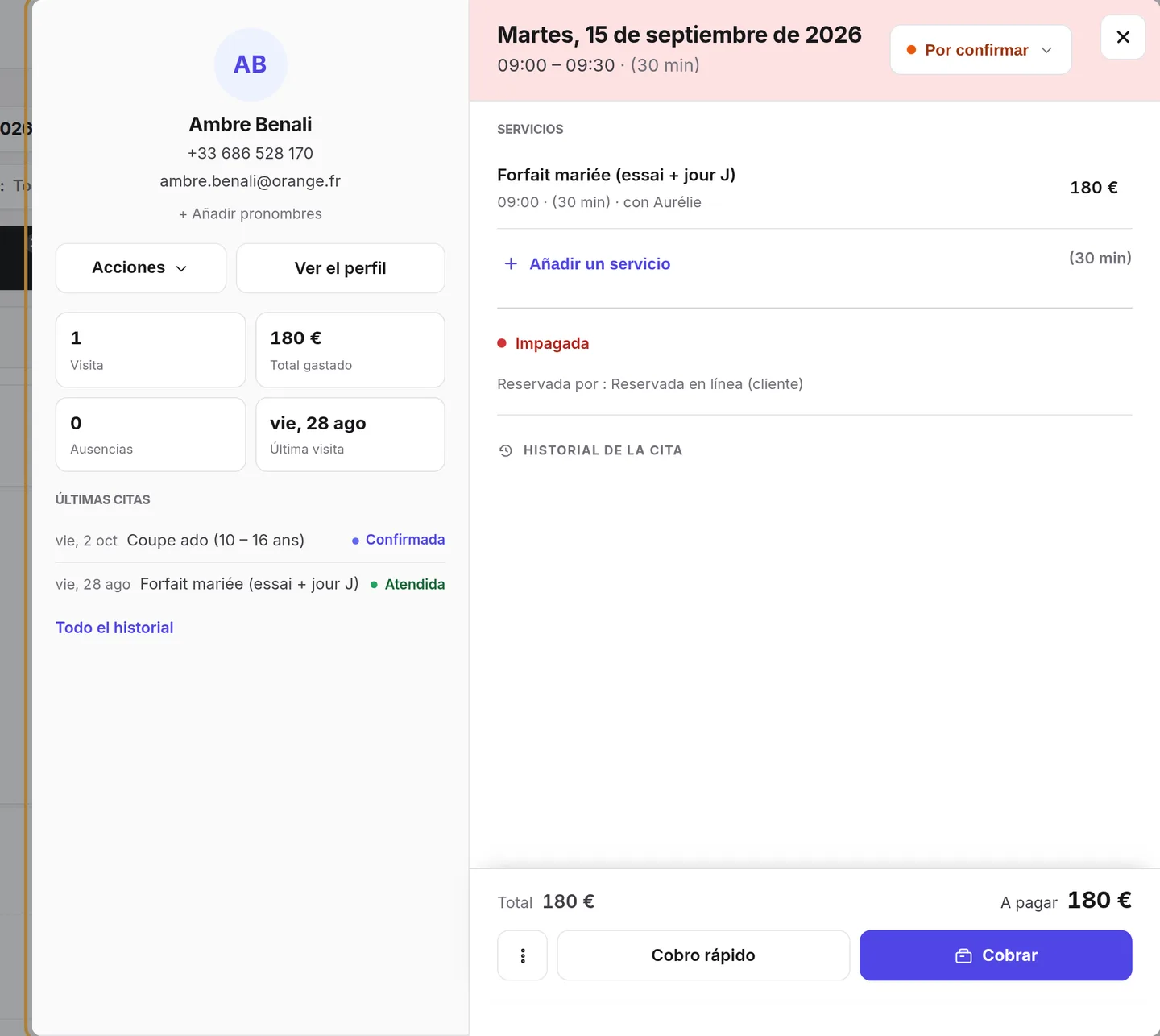 La ficha de la cita: estado, servicios, cliente, pago, historial.