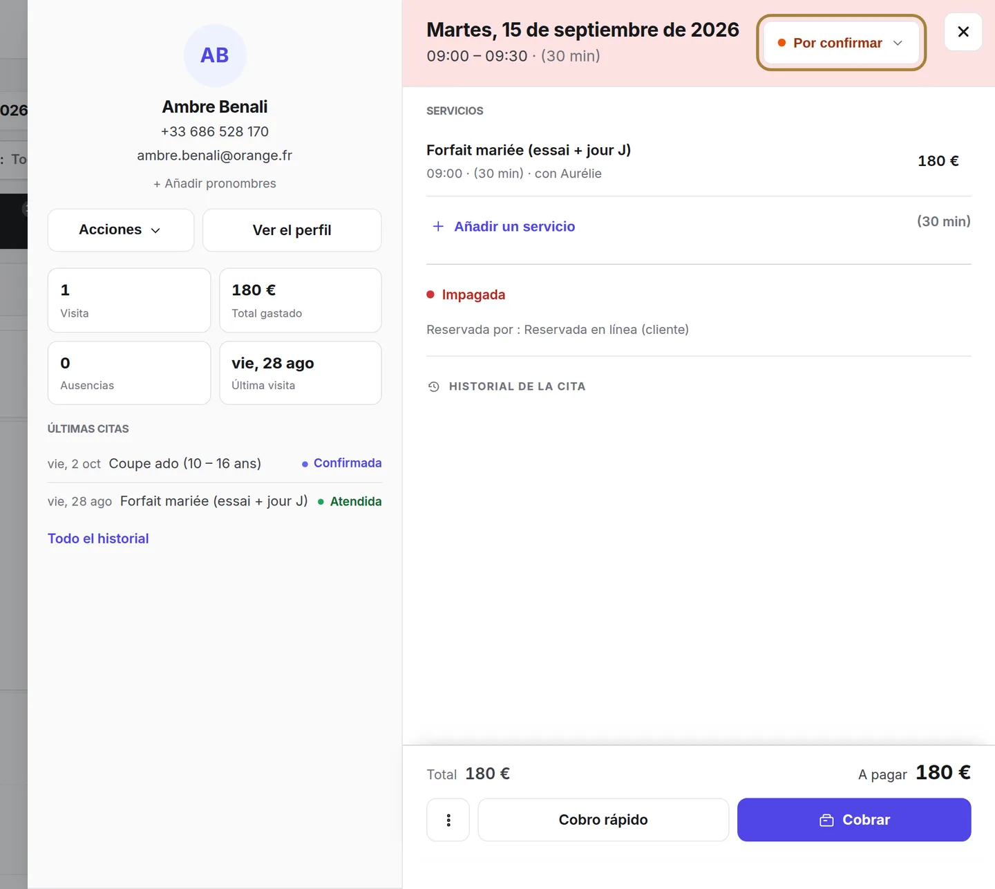 El botón de estado de la ficha: llegado, iniciada, realizada, retraso, ausente.