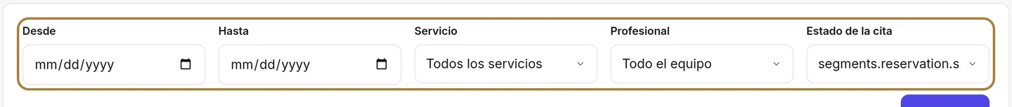 La búsqueda por reserva: periodo, servicio, colaborador, estado.