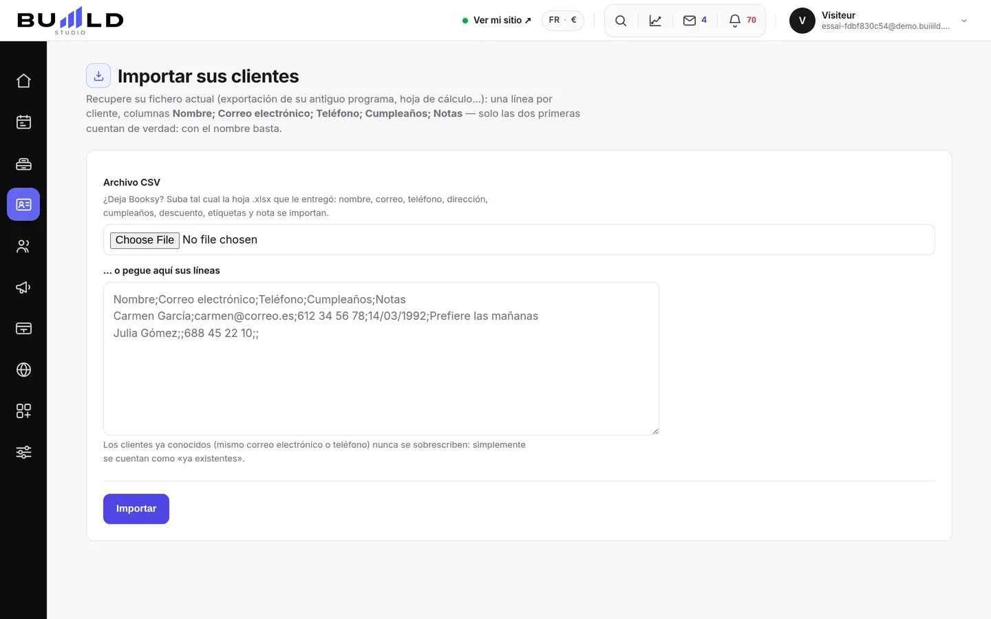 La pantalla de importación.