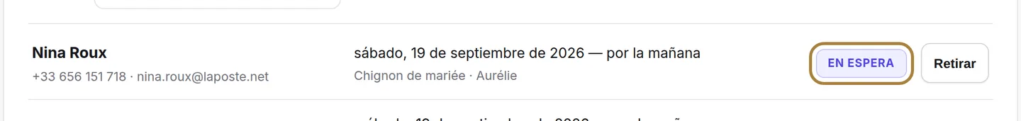 El estado de cada solicitud: en espera, avisado, ha reservado.