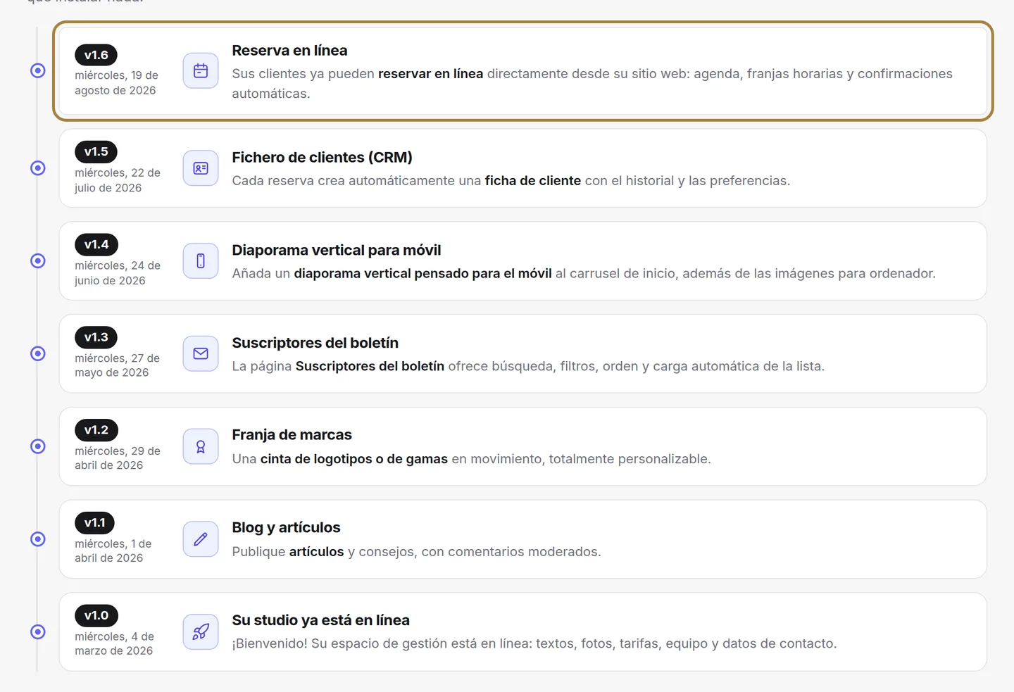Una tarjeta por mejora: versión, fecha, ámbito, explicación.