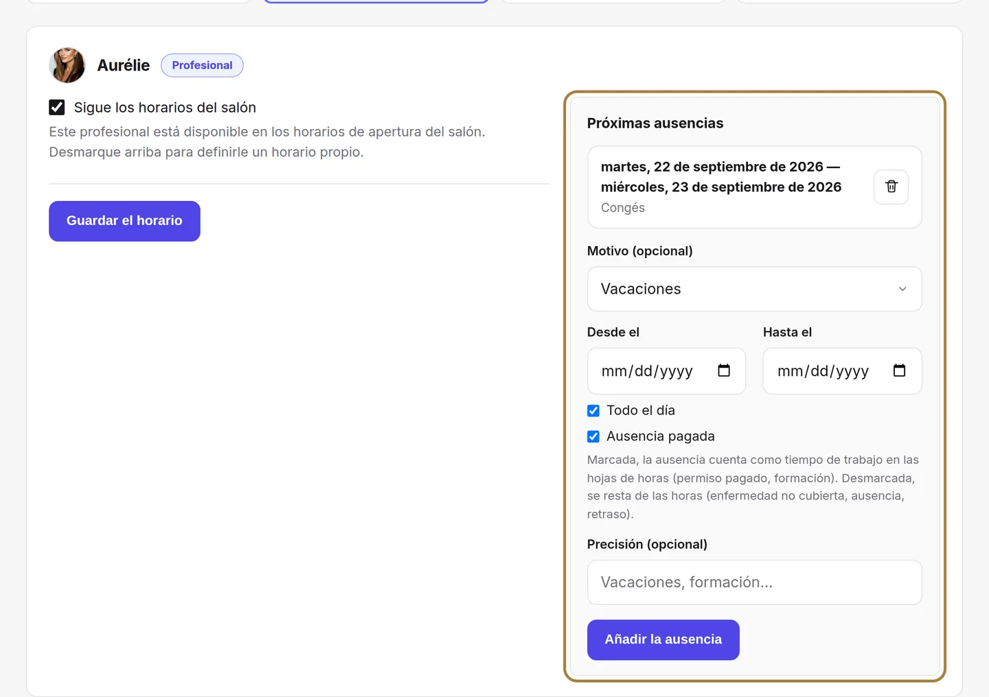 Las ausencias próximas, y el formulario para registrar una.