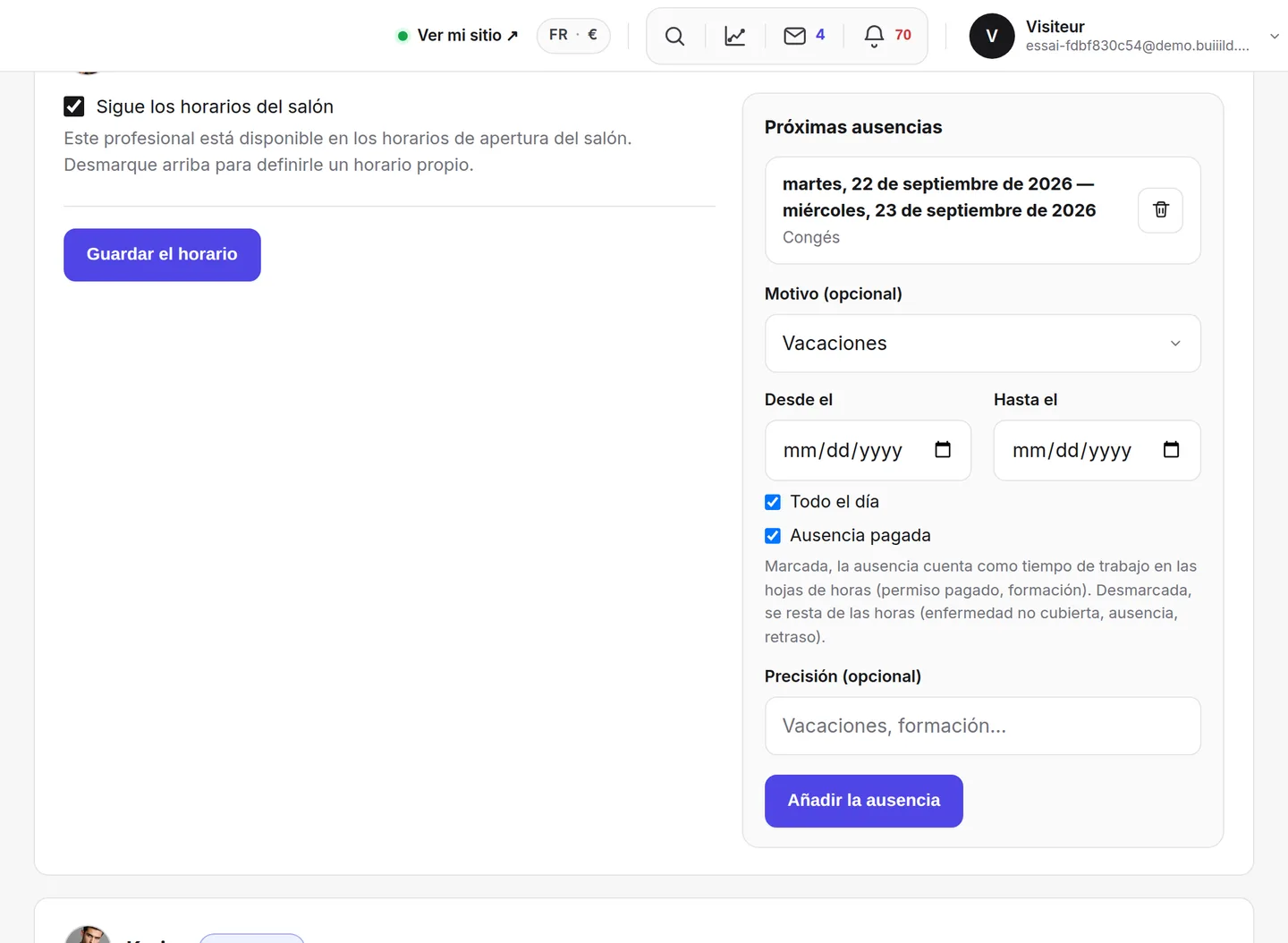 El planning personalizado: día por día, hasta dos franjas.