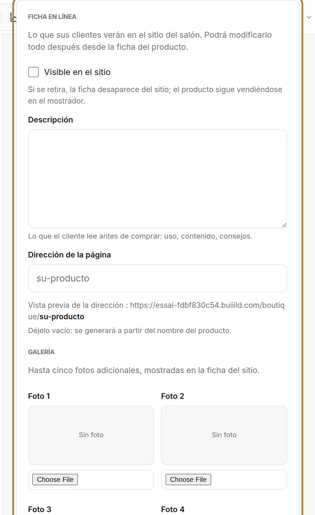 La página del sitio: visibilidad, descripción, dirección, fotos.
