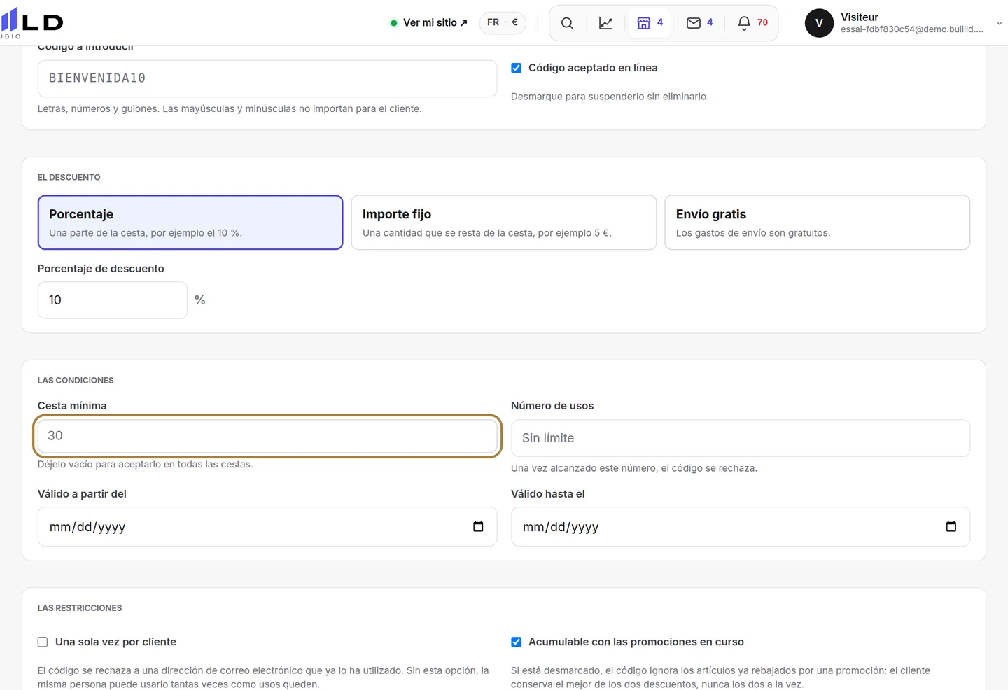 Un código promocional: el pedido mínimo, su salvaguarda.