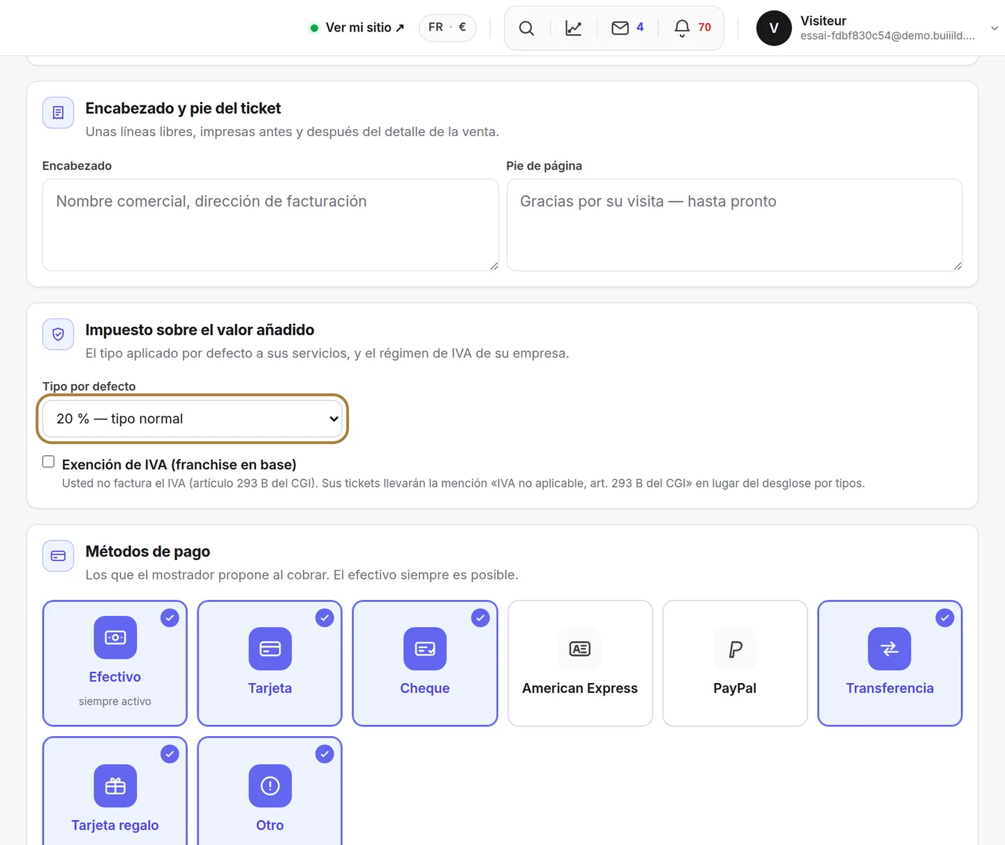 El tipo de IVA por defecto, y la franquicia en base.