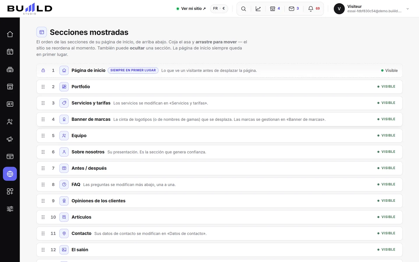 Las secciones de su sitio, en el orden real de la página de inicio.