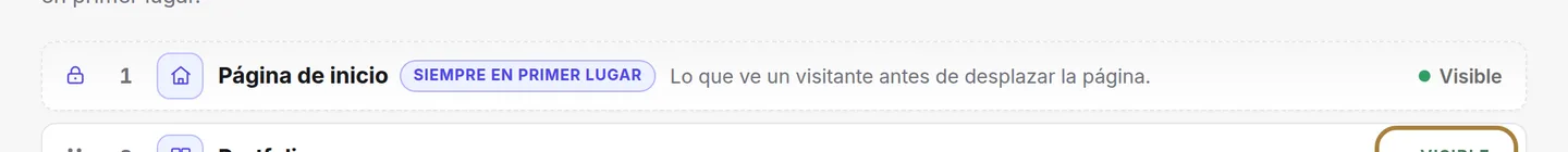 Visible u oculta: la pastilla dice si la sección aparece en el sitio.