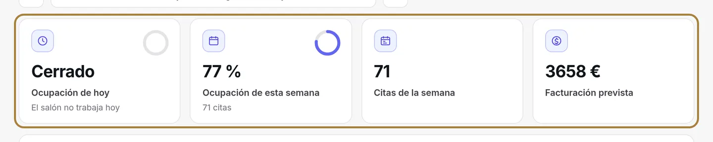 Ocupación hoy, ocupación de la semana, citas de la semana, ingresos previstos.