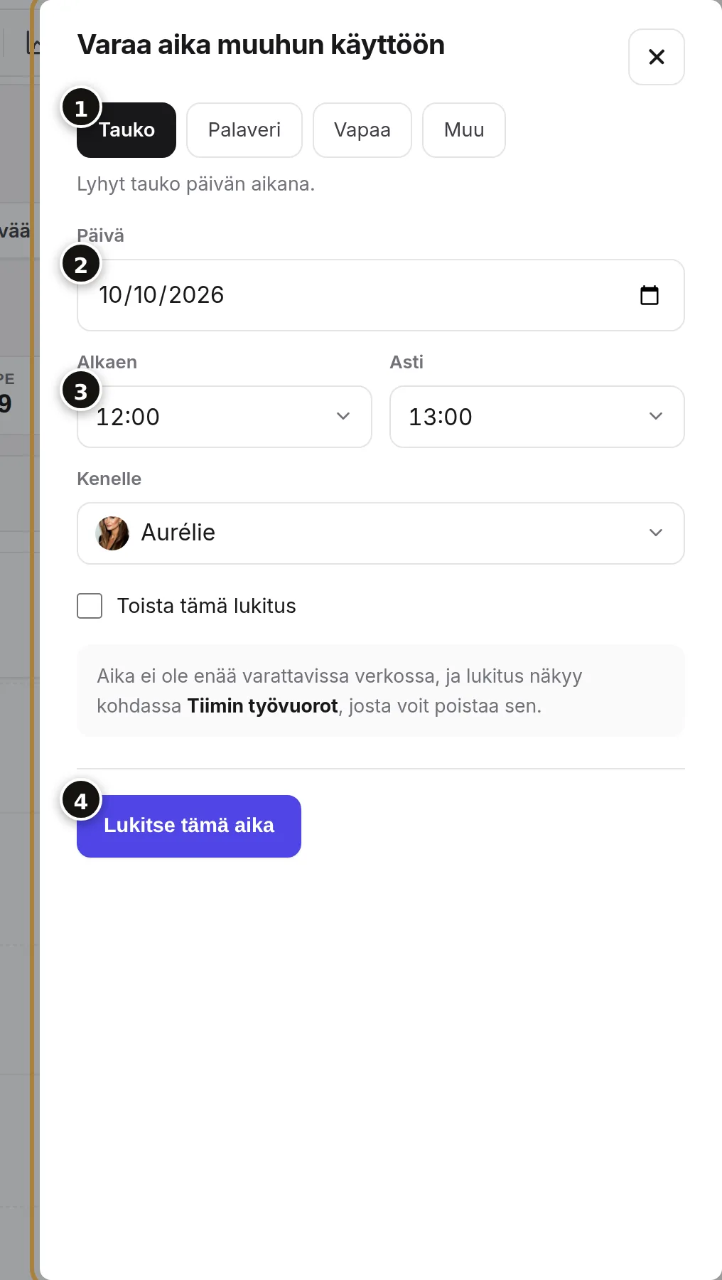 Syy (1), päivä (2), kellonajat ja kampaaja (3), painike (4). | Buiiild.com