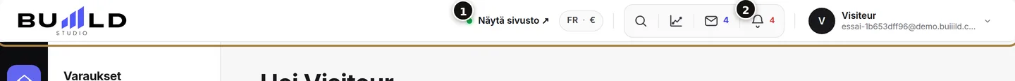 Yläpalkki: ”Näytä sivustoni” (1) ja kello (2). | Buiiild.com