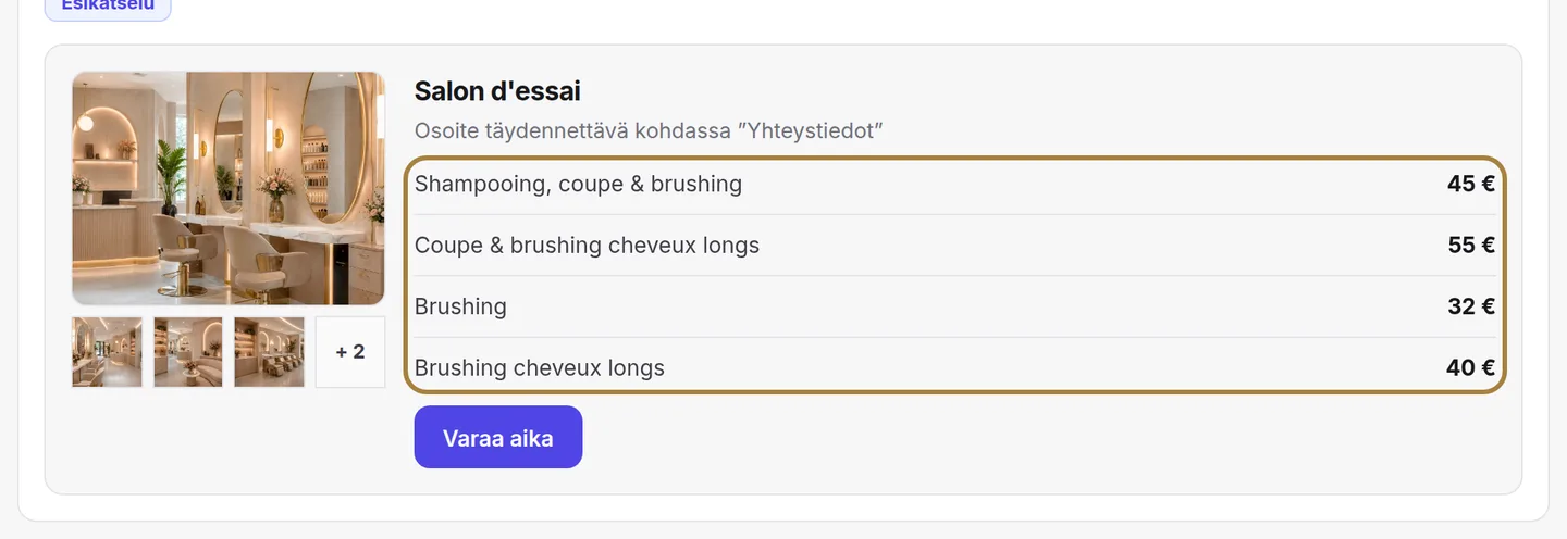 Palvelusi ja hintasi: vain aktiiviset palvelut näkyvät. | Buiiild.com