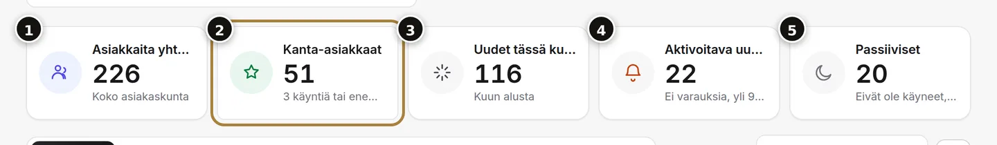 Yhteensä (1), kanta-asiakkaat (2), kuun uudet (3), muistutettavat (4), passiiviset (5). | Buiiild.com