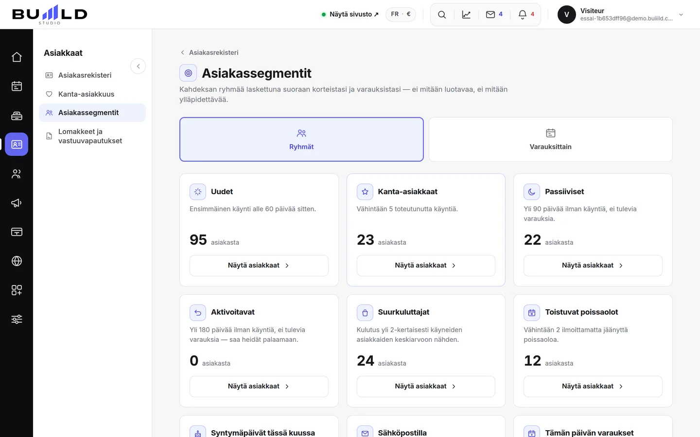 Asiakasryhmät, lasketaan uudelleen joka kerta kun sivu avataan. | Buiiild.com