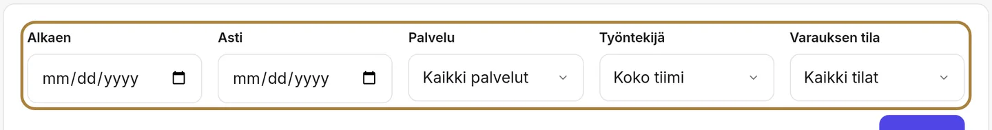 Haku ajanvarauksen perusteella: ajanjakso, palvelu, työntekijä, tila. | Buiiild.com